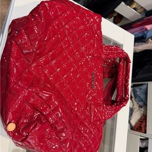 Quilted Patent Tote Bag in Glossy Red